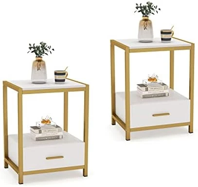 Tribesigns 25 Inch Tall Gold Nightstands With Drawers And Storage Shelf, Modern Bedside Table End Table Side Table For Bedroom, Living Room (1 Pc, Gold And White) - Image 8