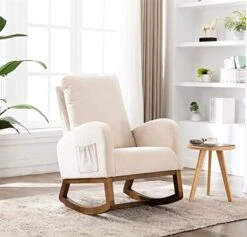 SmartDer Comfy Rocking Chair Nursery, Padded Rocking Chair With A Pocket, Accent Armchair With High Backrest And Solid Wood Base, Modern Lounge Living Room Chair For Nursery, Beige-Smooth Backrest