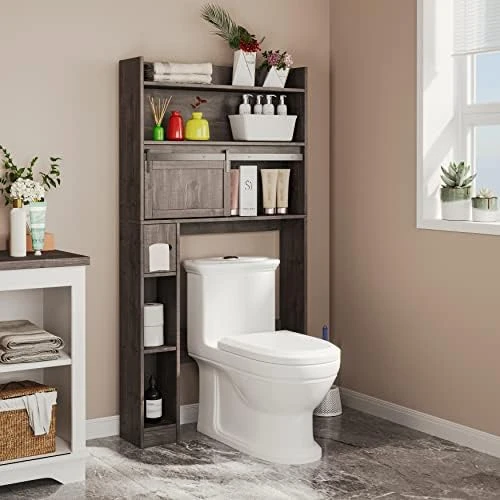 Furniouse Over The Toilet Storage Cabinet, 6-Tier Toilet Organizer Rack, Bathroom Shelf, And Cabinet With Sliding Barn Door For Restroom, Laundry - Image 6
