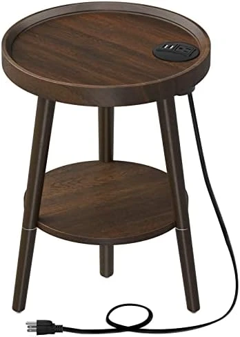 GREENSTELL End Table With Charging Station, Round Side Table With Storage Shelf, USB Ports And Anti-Drop Fence, 2-Tier Small Nightstand Sofa Table For Living Room, Bedroom White 15.0*15.0*20.4inches - Image 8