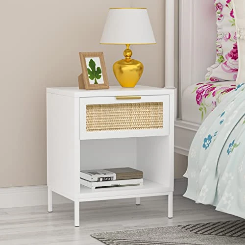Anmytek Modern Wood Nightstand With Natural Rattan Drawer, Mid Century Side Table Farmhouse Bedside End Table Storage Drawer And Shelf For Bedroom Living Room White/Gold-H0052 - Image 6