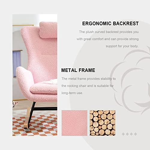Honeyness Nursery Rocking Chair, Modern Glider Rocker With High Backrest Armchair, Comfy Teddy Upholstered Rocking Accent Chair For Living Room Bedroom Office (Pink) - Image 5