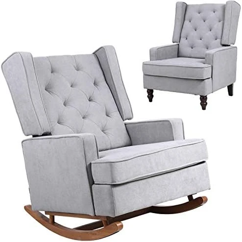 Dolonm Nursery Rocking Chair Upholstered Mid Century Modern Rocker Oversized Wingback Armchair For Living Room With Solid Wood Base (Beige) - Image 12