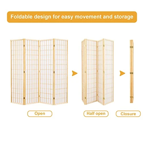 Salfanre Divider For Room Separation, 4 Panel Room Divider, Japanese Room Dividers, Shoji Screen, Folding Screen, 5.6 Ft, Natural - Image 4