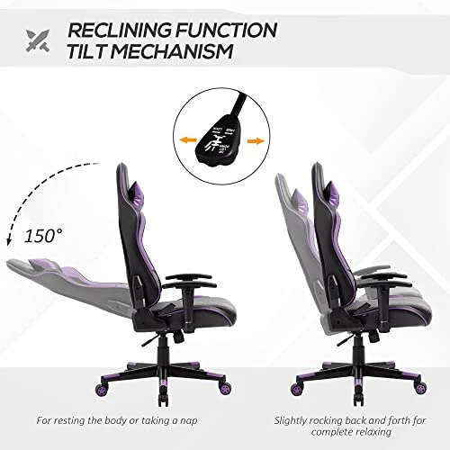 Vinsetto Gaming Chair Racing Style Ergonomic Office Chair High Back Computer Desk Chair Adjustable Height Swivel Recliner With Headrest And Lumbar Support, Purple - Image 5