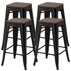 Yaheetech Metal Bar Stools 26 Inch Stackable Barstools Wooden Seat Bar Chairs Count Height Barstool With Wood Seat For Bistro/Patio/Cafe/Restaurant/Dining Room/Kitchen Set Of 4 Black