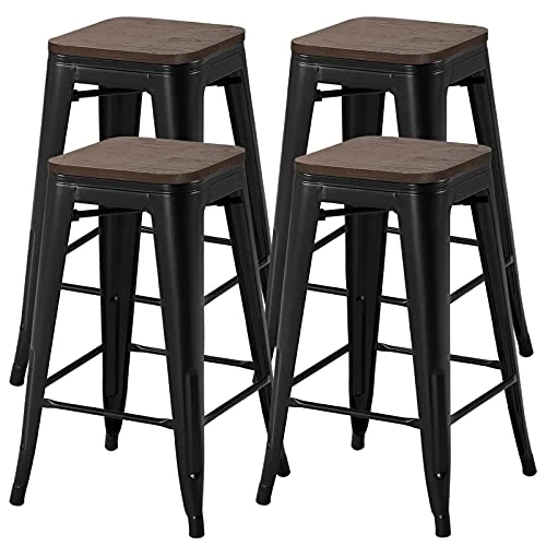Yaheetech Metal Bar Stools 26 Inch Stackable Barstools Wooden Seat Bar Chairs Count Height Barstool With Wood Seat For Bistro/Patio/Cafe/Restaurant/Dining Room/Kitchen Set Of 4 Black