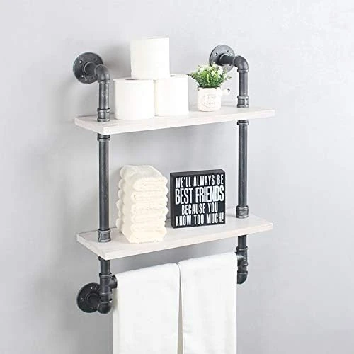 Industrial Pipe Shelf Bathroom Shelves Wall Mounted,19.6in Rustic Wood Shelf With Towel Bar,2 Tier Farmhouse Towel Rack Over Toilet,Pipe Shelving Floating Shelves Towel Holder,Retro Grey - Image 11