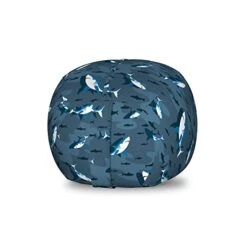 Ambesonne Nautical Storage Toy Bag Chair, Frock Of Frolicking Sharks And Fish Herds Diving Wildlife Exotic Deep Sea Ocean, Stuffed Animal Organizer Washable Bag, Small Size, Blue