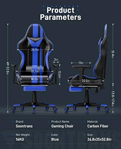 Soontrans Blue Gaming Chair With Footrest, Leather Ergonomic Gaming Chairs For Adults With Massage Lumbar Support & Headrest For Office Work, Height Adjustable Gamer Chair, Comfortable Computer Chair - Image 6