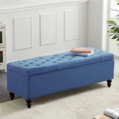 Storage Ottoman 50.2 Inches Upholstered Fabric Storage Ottoman Bench,Button Tufted Ottoman With Storage For Living Room (Navy Blue) - Image 6