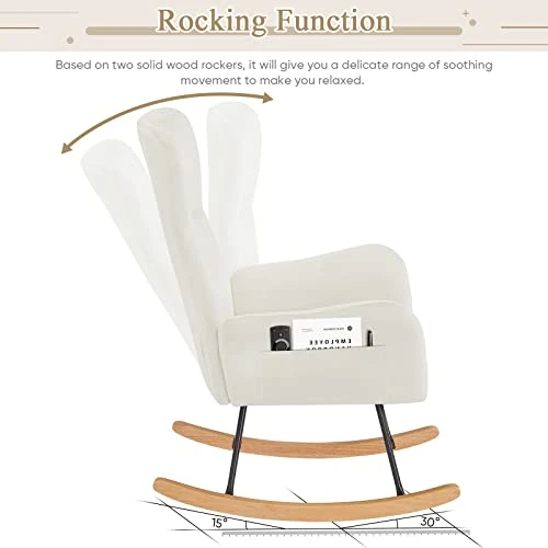 KINFFICT Accent Rocking Chair, Velvet Tufted Upholstered Glider Rocker For Nursery, Comfy Armchair With Side Pockets, Modern Lounge Arm Chair For Living Room, Bedroom (Velvet Off White) - Image 3