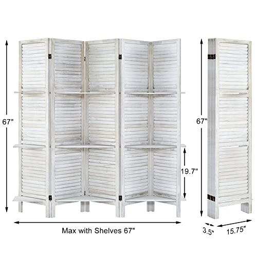 AMBITION LAND Room Divider, Privacy Screen, Room Dividers And Folding Privacy Screens Room Divider Wall Panels Room Divider With Shelves, 5 Panel White
