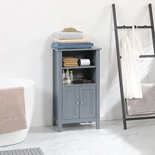 Kleankin Bathroom Cabinet Organizer With 2-Tier Open Shelves, Double Door Enclosed Storage And Elevated Base, Dark Grey - Image 2