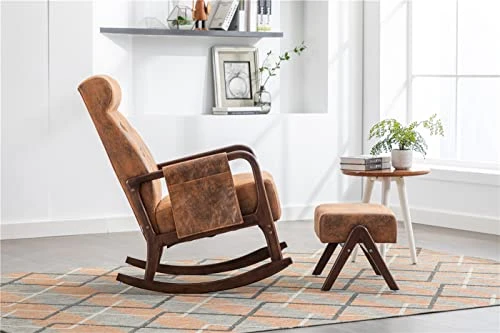 Voqoomkl Rocking Chair With Ottoman, Mid-Century Fabric Upholstered Armchair With Thick Padded Cushion & High Backrest, Accent Glider Rocker Chair With Side Pocket For Living Room Bedroom, Coffee - Image 3