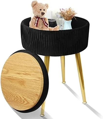 White Ottoman Vanity Stool With Storage - Flip Top Coffee Table Round Makeup Stool, Pleated Upholstered Velvet Stool With Gold Metal Legs,for Living Room, Bedroom - Image 7