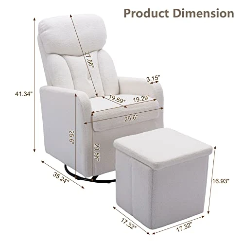 GNIXUU Rocking Chair Nursery, Swivel Glider With Ottoman, Accent Chairs Rocker With Arm For Living Room, Baby Room, Bedroom, White Teddy Fabric