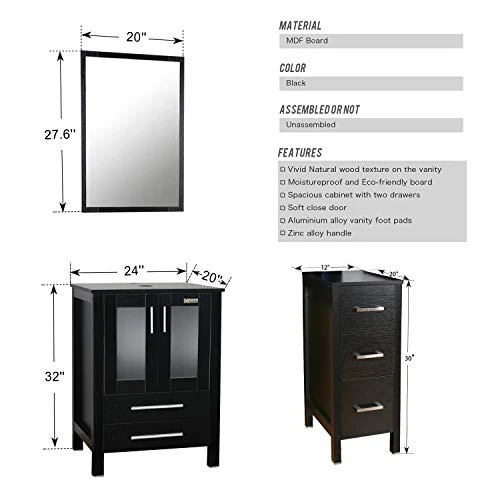 Eclife 36" Black Bathroom Vanity W/Black Side Cabinet Combo Modern Pedestal Cabinet Set Pedestal Stand Wood With Bathroom Vanity Mirror Drawers Soft Closing Cabinet Doors Set (B02B11) - Image 2