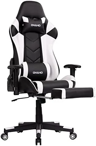 OHAHO Gaming Chair Racing Style Office Chair Adjustable Massage Lumbar Cushion Swivel Rocker Recliner Leather High Back Ergonomic Computer Desk Chair With Retractable Arms And Footrest (Pink/White) - Image 10