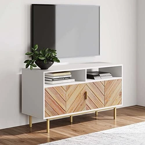 Nathan James Izsak Media Console, Brown/White/Gold & Enloe Modern Storage, Free Standing Accent Cabinet With Doors In A Rustic Fir Wood Finish Powder-Coated Metal Base, White/Gold - Image 7