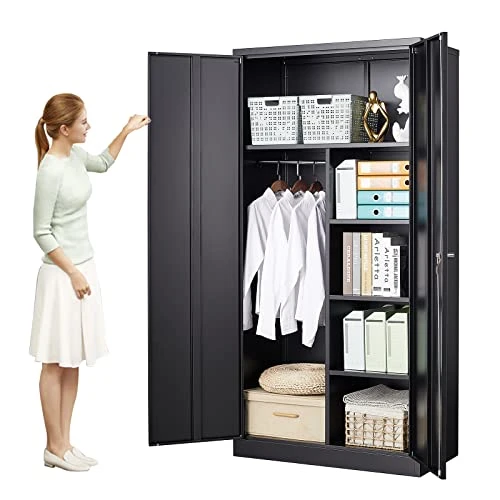 MIIIKO Steel Cabinet Wardrobe, Metal Locker Cabinet With Hanging Rod, Metal Clothing Locker Storage For Home, Office, Garage And Changing Room