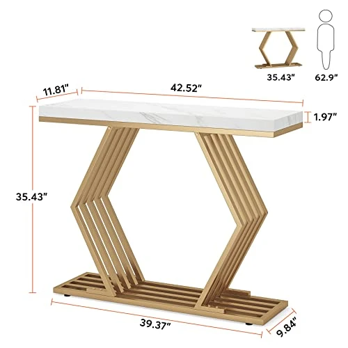 Tribesigns 42 Inches Modern Gold Console Table With Geometric Metal Base, White Faux Marble Narrow Entryway Table Foyer Table For Entrance, Living Room, Hallway, Entryway - Image 2