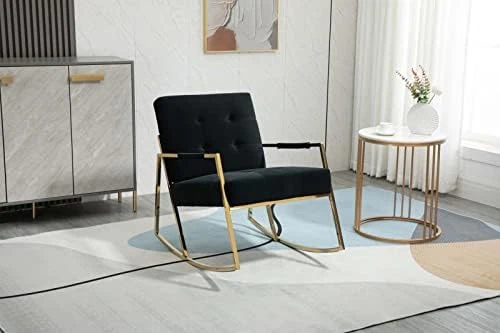 Velvet Accent Rocking Armchair, Modern Uplostered Tufted Nursery Glider Rocker With Armrest And High Backrest, Comfy Side Armchair For Living Room Apartment Bedroom Office (Orange) - Image 4