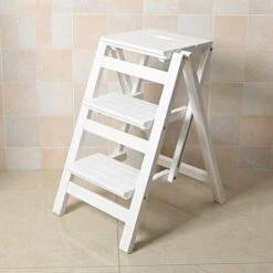 Folding Ladder Staircase, Multi-Functional Folding Solid Wood Ladder Stool, Step Stool Household Muliti-Color Stool Step Ladder Foldable Stepladder (White, 3)