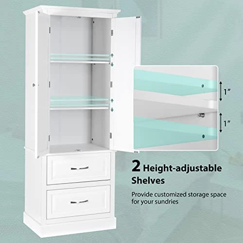 Tangkula 62" H Kitchen Pantry Cupboard, Freestanding Storage Linen Cabinet W/Adjustable Shelves & 2 Large Drawers, Tall Floor Cabinet Home Storage Organizer For Living Room Kitchen Bathroom (White) - Image 5