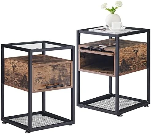 VECELO End Tables,Glass Top Nightstands With Drawer And Metal Frame,Set Of 2 For Living Room,Bedroom,Lounge,2 Set, Antique Brown - Image 10