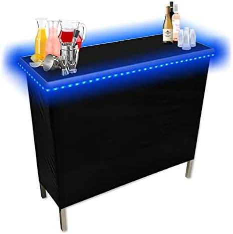 (USA Company) Patented Folding Portable Party Bar W/Multi-Color LED Lights, Black & Hawaiian Bar Skirts, And Storage Shelf - Image 4