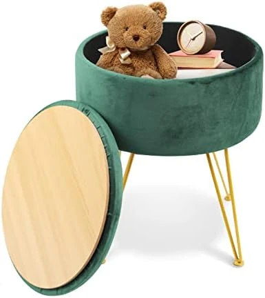 ECOMEX Velvet Round Ottoman With Storage, Metal Legs, Coffee Table Tray Cover Footstool Makeup Vanity Stool Modern Furniture For Living Room Bedroom, Green - Image 6