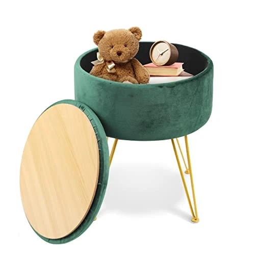 ECOMEX Velvet Round Ottoman With Storage, Metal Legs, Coffee Table Tray Cover Footstool Makeup Vanity Stool Modern Furniture For Living Room Bedroom, Green