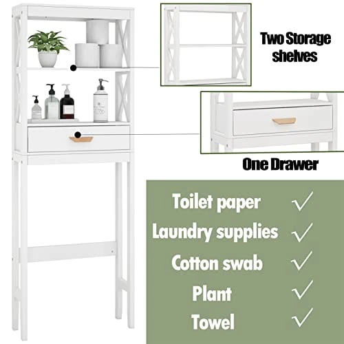OQSC Bathroom Shelf Over The Toilet X- Frame Bathroom Organizer With 1 Drawer And Open Shelves Bathroom Space Saver(White) - Image 3