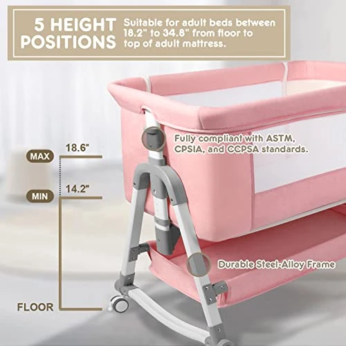 HARPPA Baby Bassinet Bedside Sleeper (Diaper Changing Station + Mosquito Net Included), Adjustable Bedside Crib With Storage, Converts To Cradle And Cosleeper, Portable, Easy Folding. Pink - Image 5
