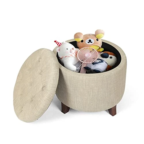 Adeco Fabric Cushion Button Tufted Lift Top Storage Footstool, Height 17 Inches Strudy Round Ottomans & Storage Ottomans - Image 4