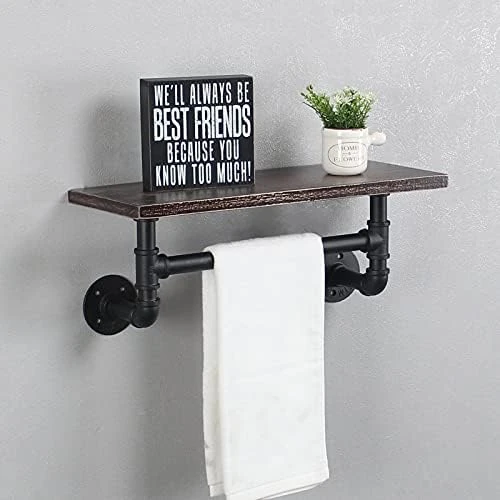 Industrial Pipe Shelf Bathroom Shelves Wall Mounted,19.6in Rustic Wood Shelf With Towel Bar,2 Tier Farmhouse Towel Rack Over Toilet,Pipe Shelving Floating Shelves Towel Holder,Retro Grey - Image 9