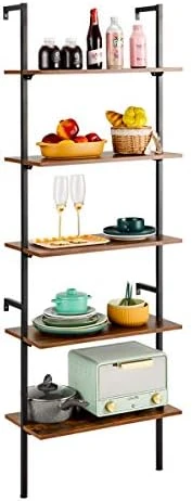 MELLCOM 5 Tier Industrial Ladder Shelf, Wood Modern Bookshelf With Metal Frame, Wall-Mounted Plant Flower Storage Organizer For Living Room, Bathroom, Kitchen, Balcony, White - Image 6