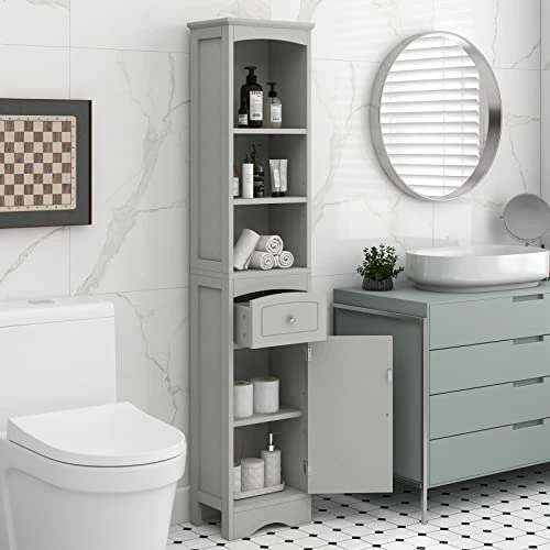 BNSPLY Tall Bathroom Cabinet With Shelves And Drawer, Slim Storage Tower With Adjustable Shelves, Narrow Bathroom Cabinet, Linen Cabinet For Bedroom, Living Room (Grey, 13.4" L X 9" W X 67" H) - Image 3