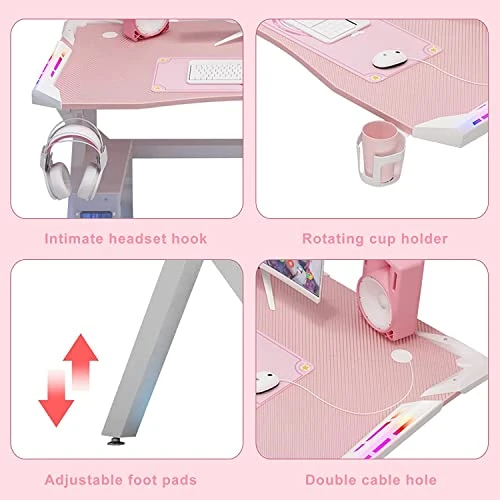 Haoo E-sports Game Table, Girl Pink Home Ergonomic Modern Minimalist Style Notebook Computer Study Table, Home Table, Large Monitor Stand Table (Pink K Leg With RGB Light,60 * 80) - Image 5