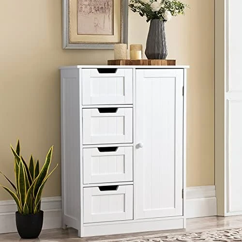Noskatu Bathroom Floor Cabinet Small Storage Corner Floor Cupboard With A Single Shutter Door And Drawer Narrow Bathroom Cabinet For Bathroom Bedroom Living Room Kitchen White - Image 9