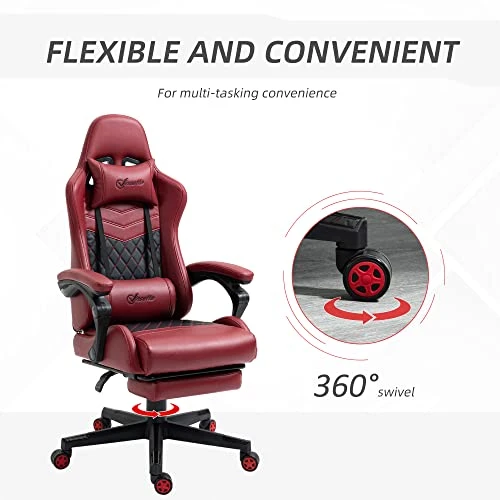 Vinsetto Racing Gaming Chair Diamond PU Leather Office Gamer Chair High Back Swivel Recliner With Footrest, Lumbar Support, Adjustable Height, Red - Image 5