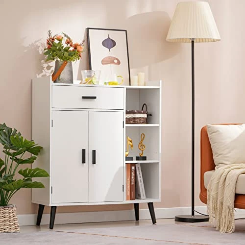 Usikey Storage Cabinet, Bathroom Storage Cabinet With 1 Large Drawer, 2 Doors & 3 Shelves, Kitchen Storage Cabinet, Accent Cabinet For Living Room, Bedroom, Entryway, Office, White - Image 2