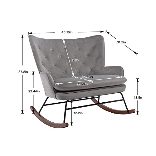 Polyester Rocker Armchair Oversized Tufted High Back Loveseat Chair Comfortable Glider Rocking Chair For Bedroom/Nursery/Living Room, Grey - Image 3
