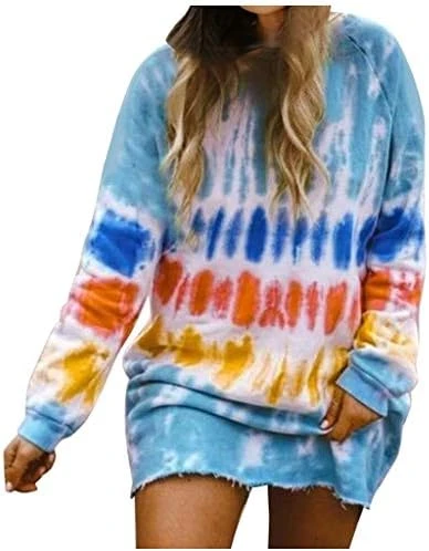 Franterd Women's Tie-Dye Sweatshirts Oversized Long Sleeve Crewneck Loose Casual Mini Dress - Image 2