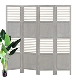 Babion 4 Panel Wood Room Divider, Divider For Room Separation, Folding Privacy Screen Room Divider Freestanding, Room Divider Screen For Bedroom Home Office, Double Hinged-Paint Grey
