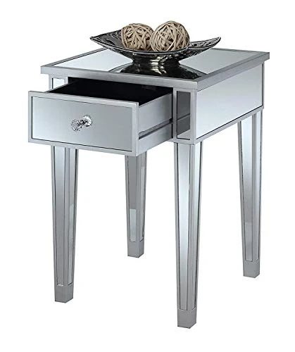 Convenience Concepts Gold Coast Mirrored Desk, Silver/Mirror & Concepts Gold Coast Mirrored End Table With Drawer, Silver/Mirror - Image 6