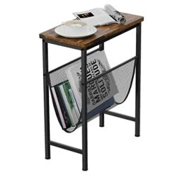 Tangkula Narrow Side Table, End Table With Magazine Holder, 19.5 X 10 X 24 Inch, Wood Look & Black Metal Frame, Skinny Rectangle Sofa End Or Side Table For Small Spaces, Industrial Nightstand(1)