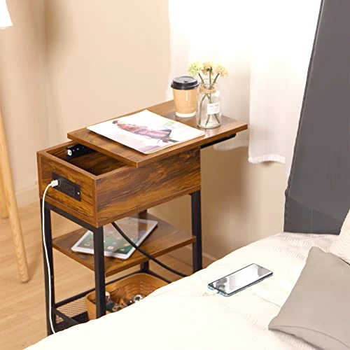 SZLHANJZ Bedroom Nightstand, Narrow Nightstand With Charging Station, Slide Open Small Side Table 3-Tier, Wood And Metal End Table With Drawer And Storage For Small Space Living Room Dorm, Brown - Image 4