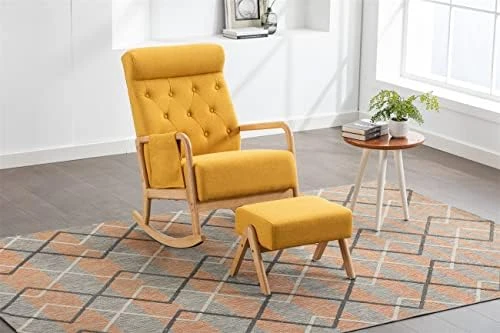 Rocking Chair With Ottoman, Mid-Century Modern Rocking Armchair, High Back Nursery Rocker With Button Tufted Back, Accent Glider Rocker Chair With Side Pocket For Living Room Bedroom, Yellow - Image 12